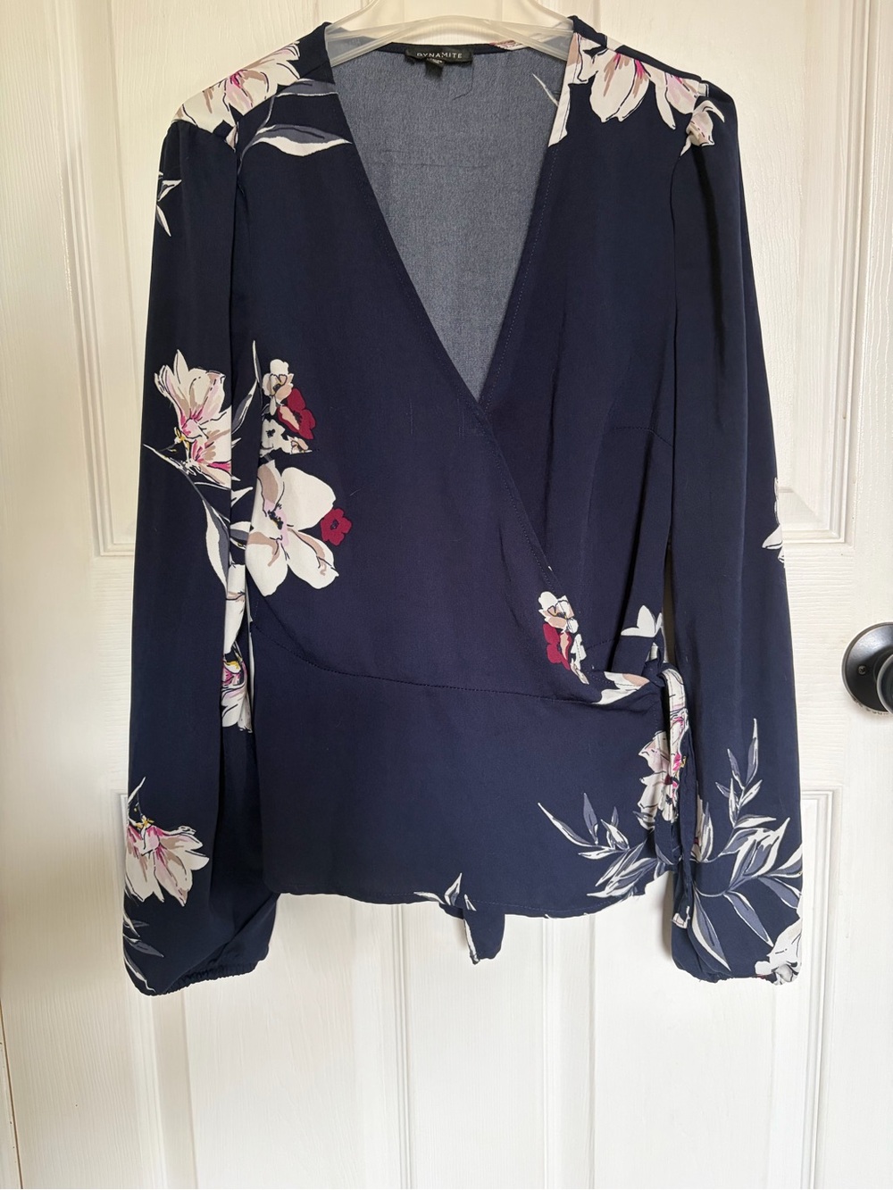 Dynamite Navy Floral Wrap Blouse with Pink Accents